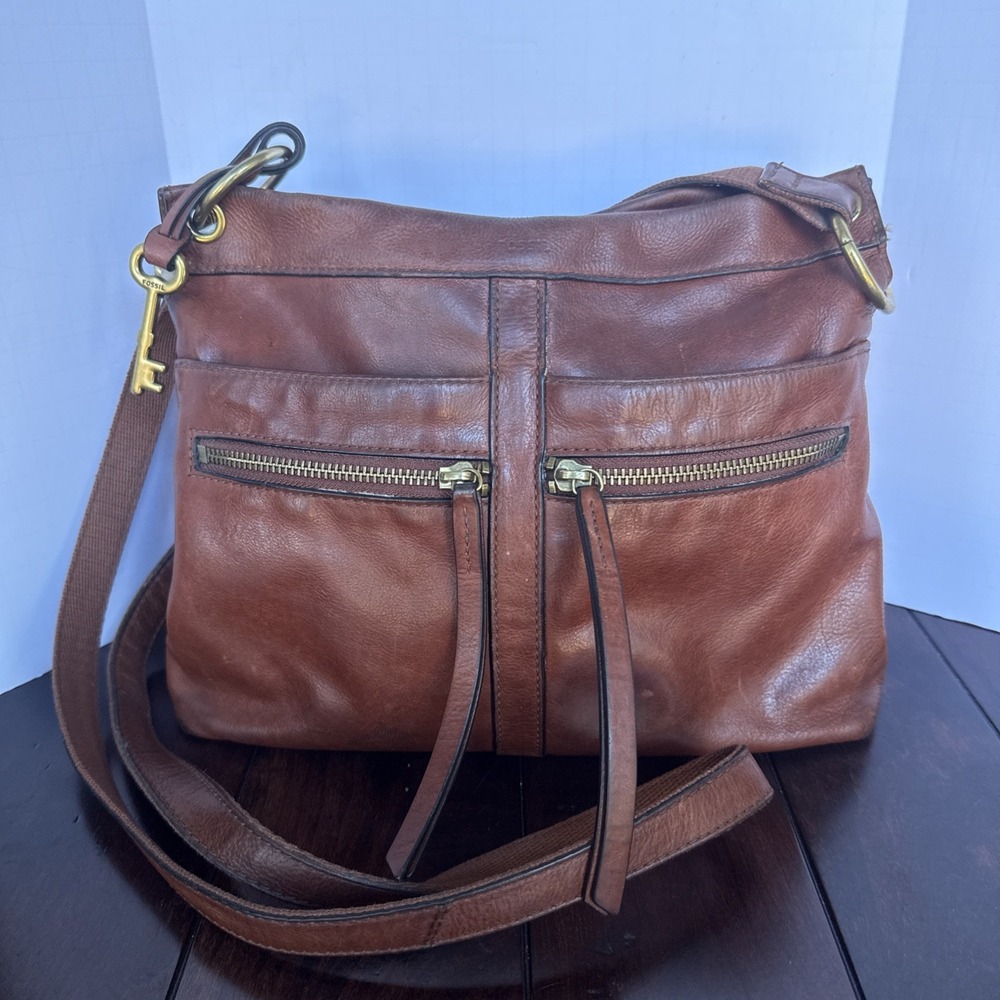 Fossil Caitlyn Leather Shoulder Crossbody Hobo Bag Purse Brown Rich Patina
